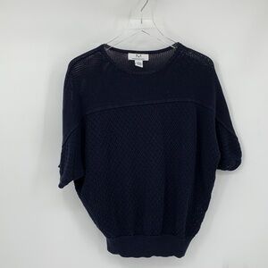 Magaschoni Dolman short sleeve knit sweater navy blue diamond lace mesh Large